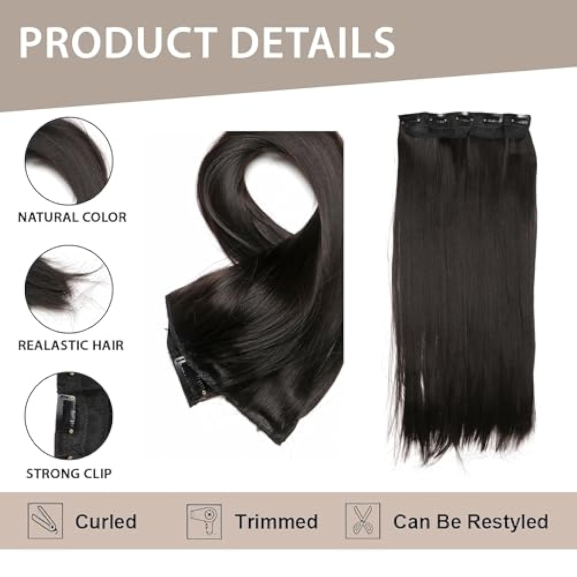 Women's Natural Black Straight Hair Extensions, 24 Inch Clip-In